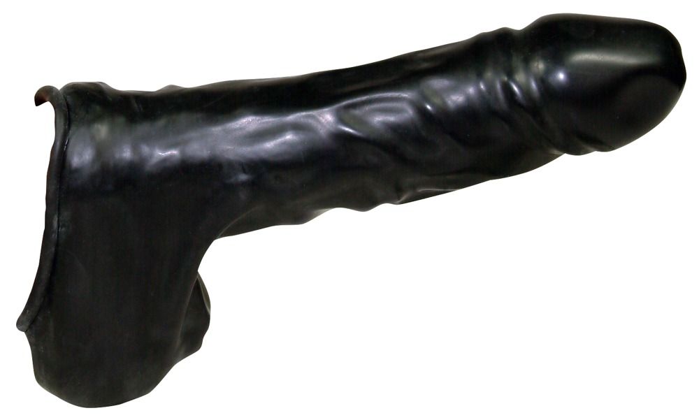 Schwarze Penis-/Hodenhülle aus Latex. Detailreiche Form. Glatte Oberfläche.