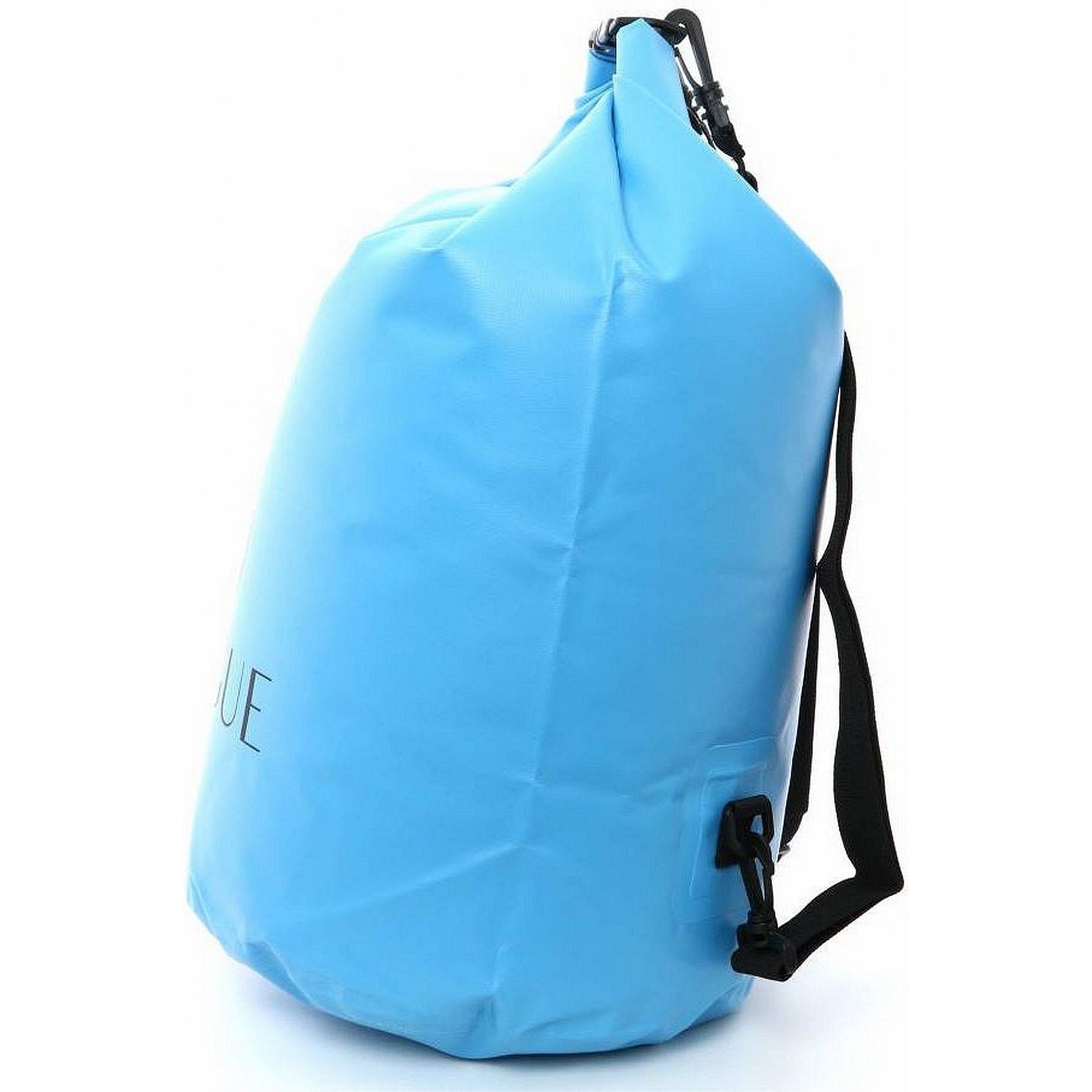 Blauer Packsack mit schwarzem Schultergurt und Verschluss. Aufschrift: LA VAGUE.