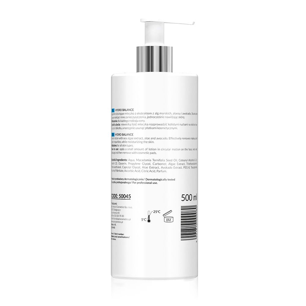 Rückseite einer weißen Flasche mit Pumpe. Textinformationen, Barcode und 500ml-Angabe. Temperatur- und Recycling-Symbole.