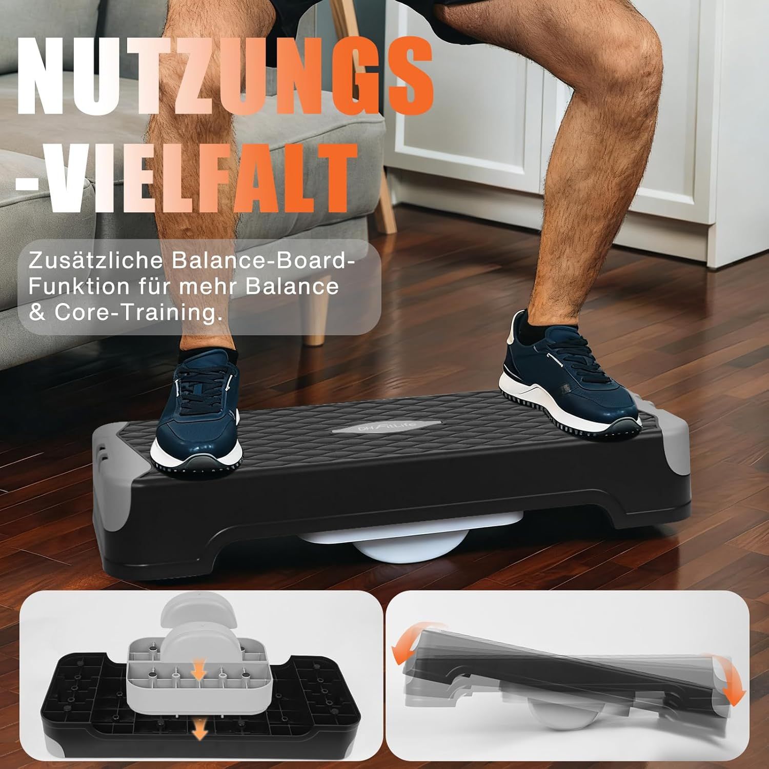 Schwarzes Steppbrett mit grauen Seiten. Person trainiert darauf. Zusätzliche Balance-Board-Funktion für Core-Training.