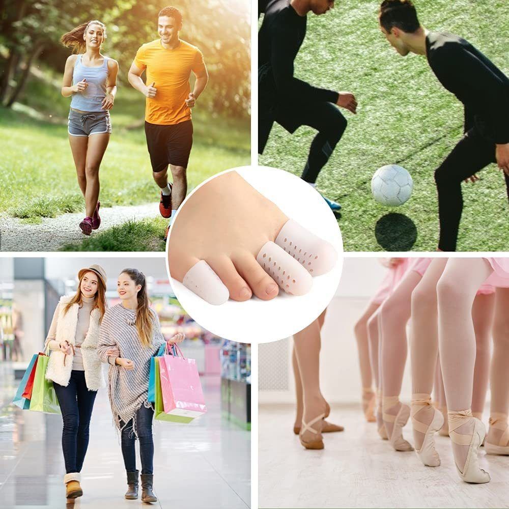 Verschiedene Szenen mit Menschen, die Sport treiben, einkaufen und tanzen, mit Zehenschutzkappen.