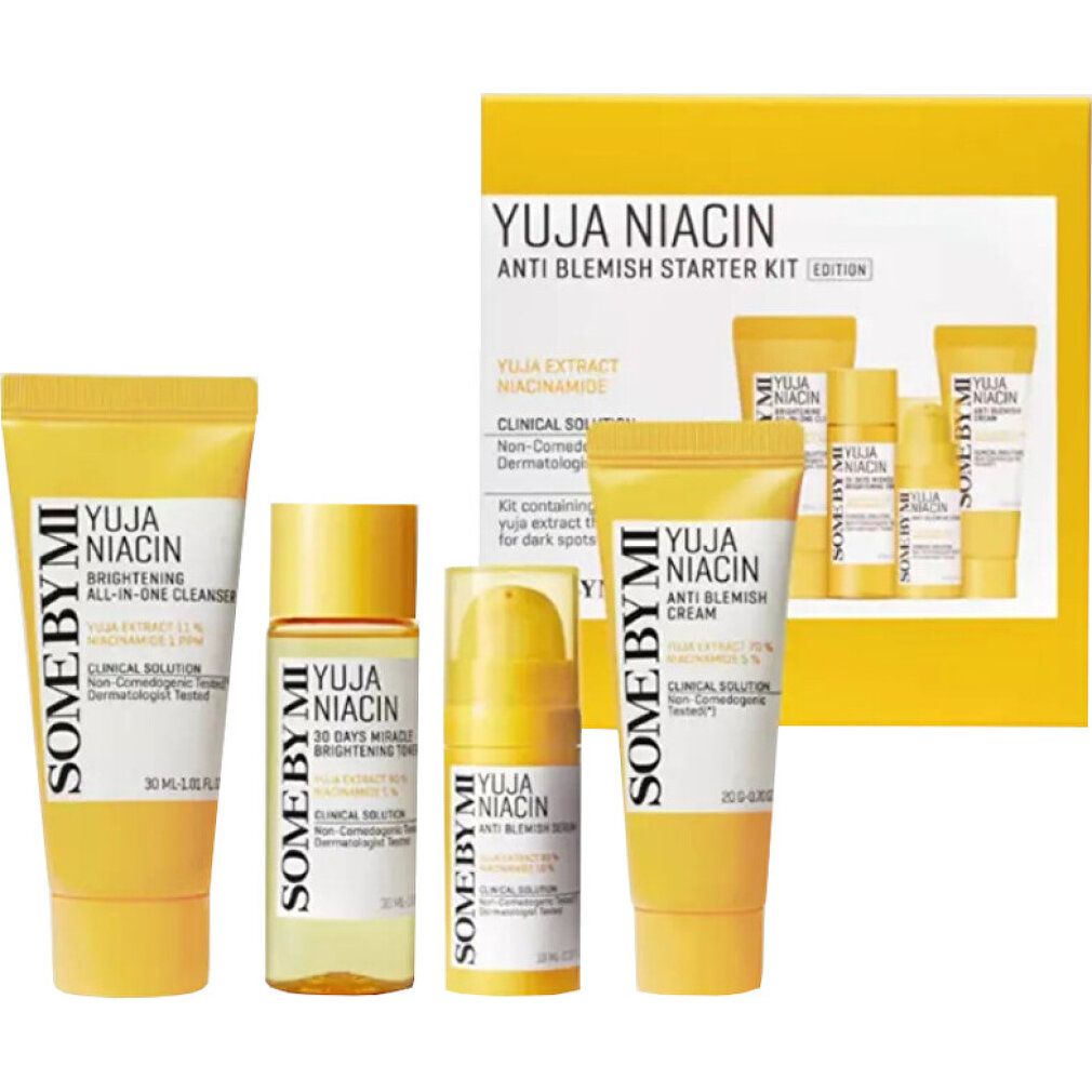 SOMEBYMI Yuja Niacin Anti Blemish Starter Kit mit vier Produkten und einer Box.