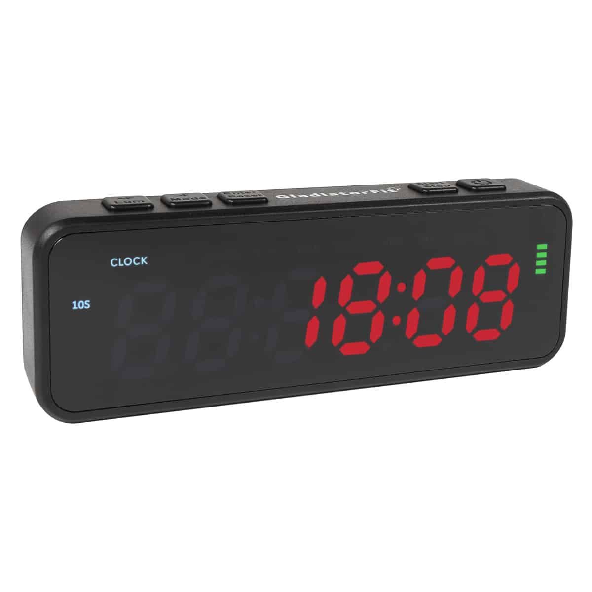 Schwarzer, rechteckiger Timer mit roter LED-Anzeige. Oben Tasten, links Schriftzug "CLOCK", rechts Akkuanzeige. Marke: GladiatorFit.