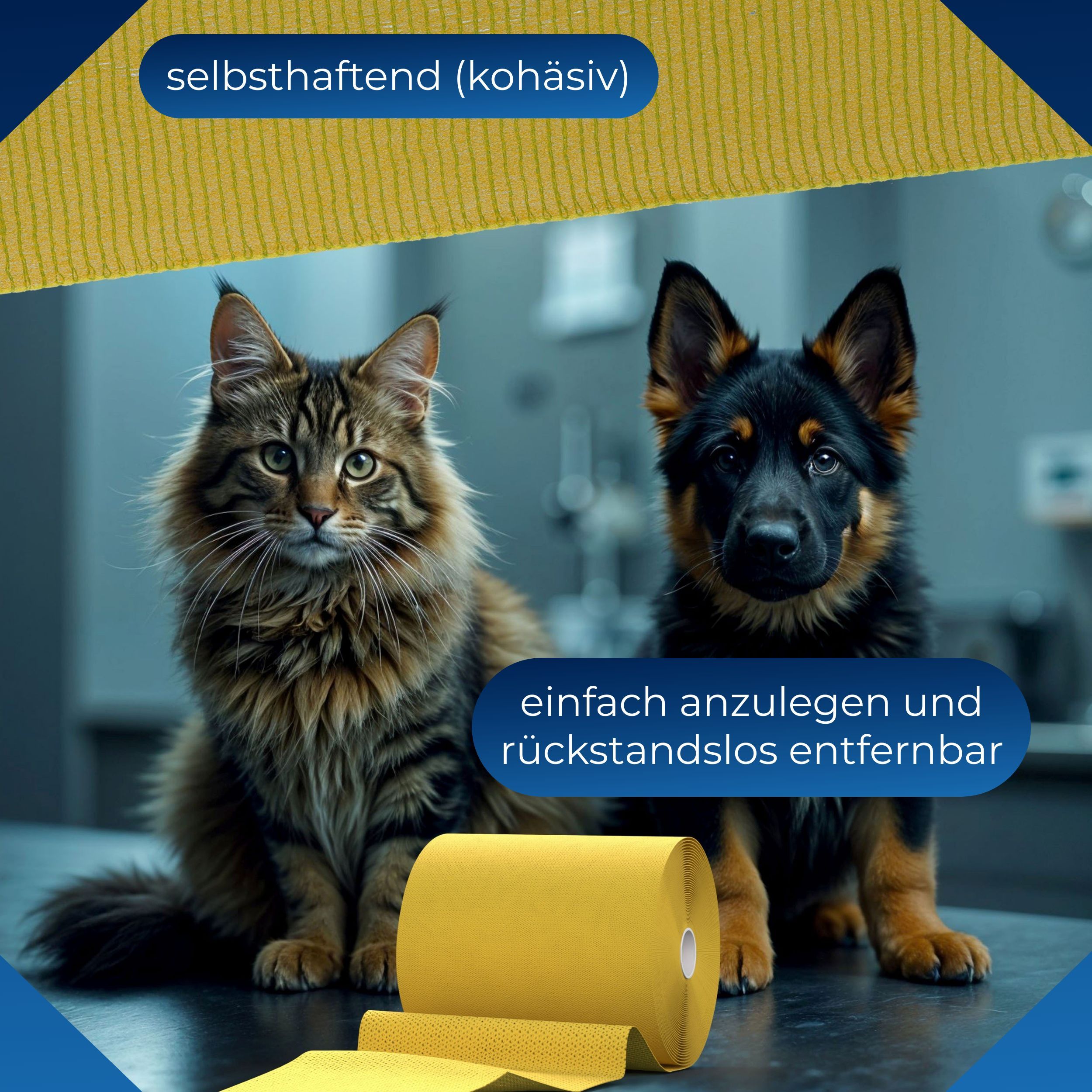 Gelbe, kohäsive Fixierbinde, gerollt. Text: 'selbsthaftend (kohäsiv)'. Abbildung mit Katze und Hund.