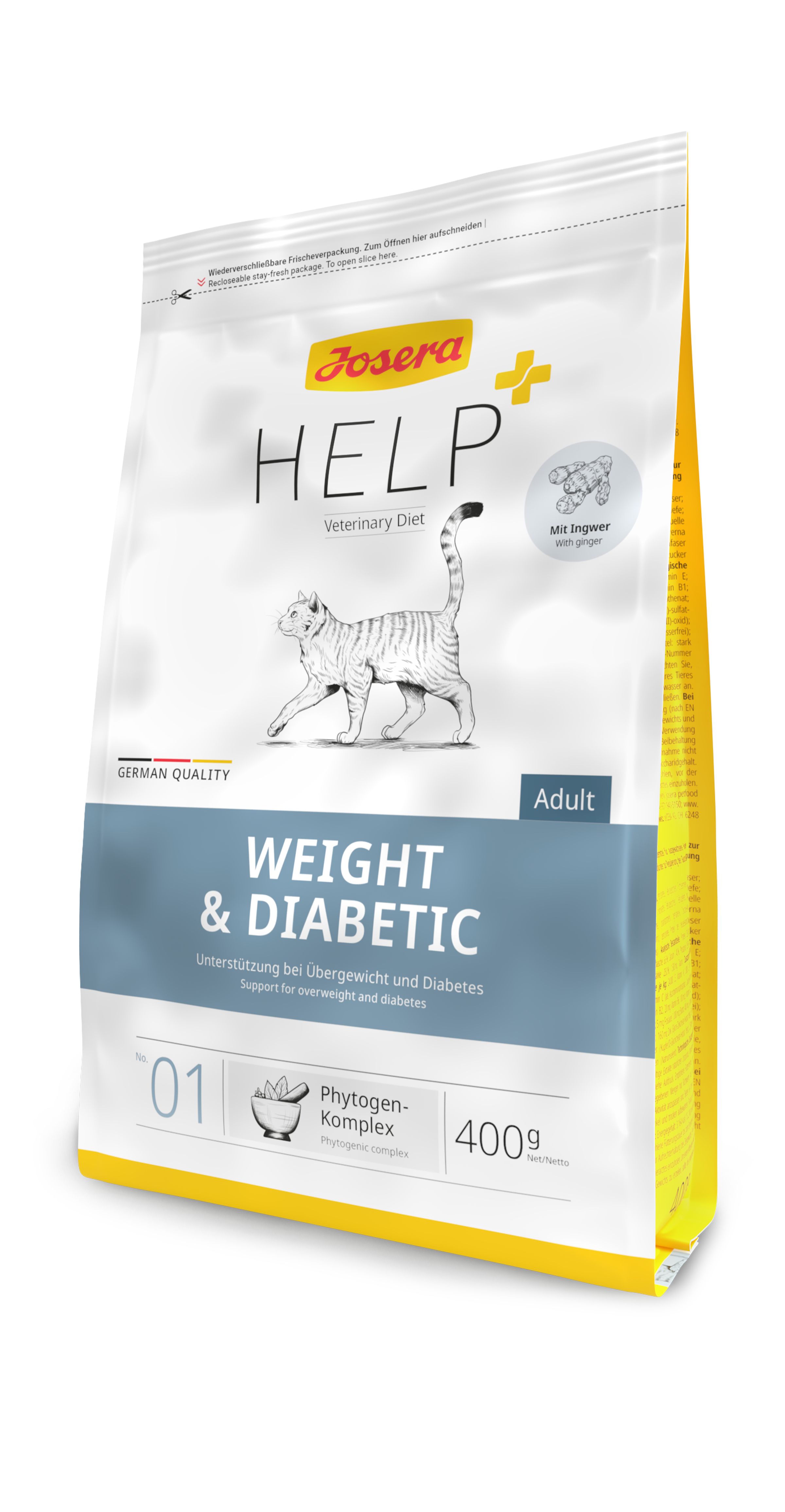 Josera HELP Veterinary Diet Weight & Diabetic Katzenfutter, 400g Beutel mit Abbildung einer Katze und Ingwer-Symbol.