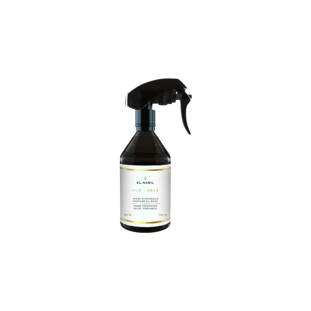 Schwarze Sprühflasche mit weißem Etikett und goldfarbenen Akzenten. Text: EL NABIL, Oud Amber, Raumduft.