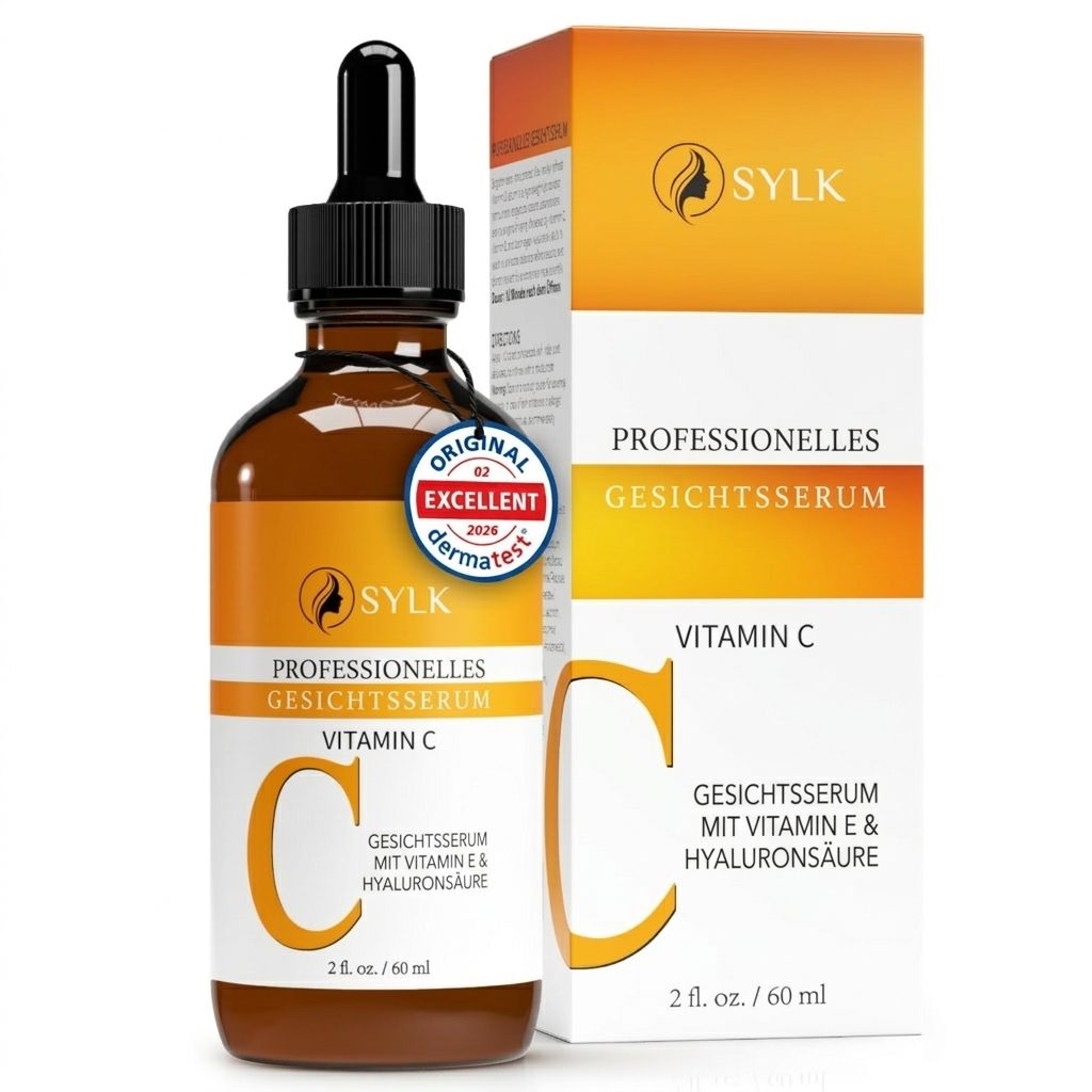 Braune Glasflasche mit Pipette und Karton. Aufschrift: SYLK, PROFESSIONELLES GESICHTSSERUM, Vitamin C. Mit Dermatest-Siegel.