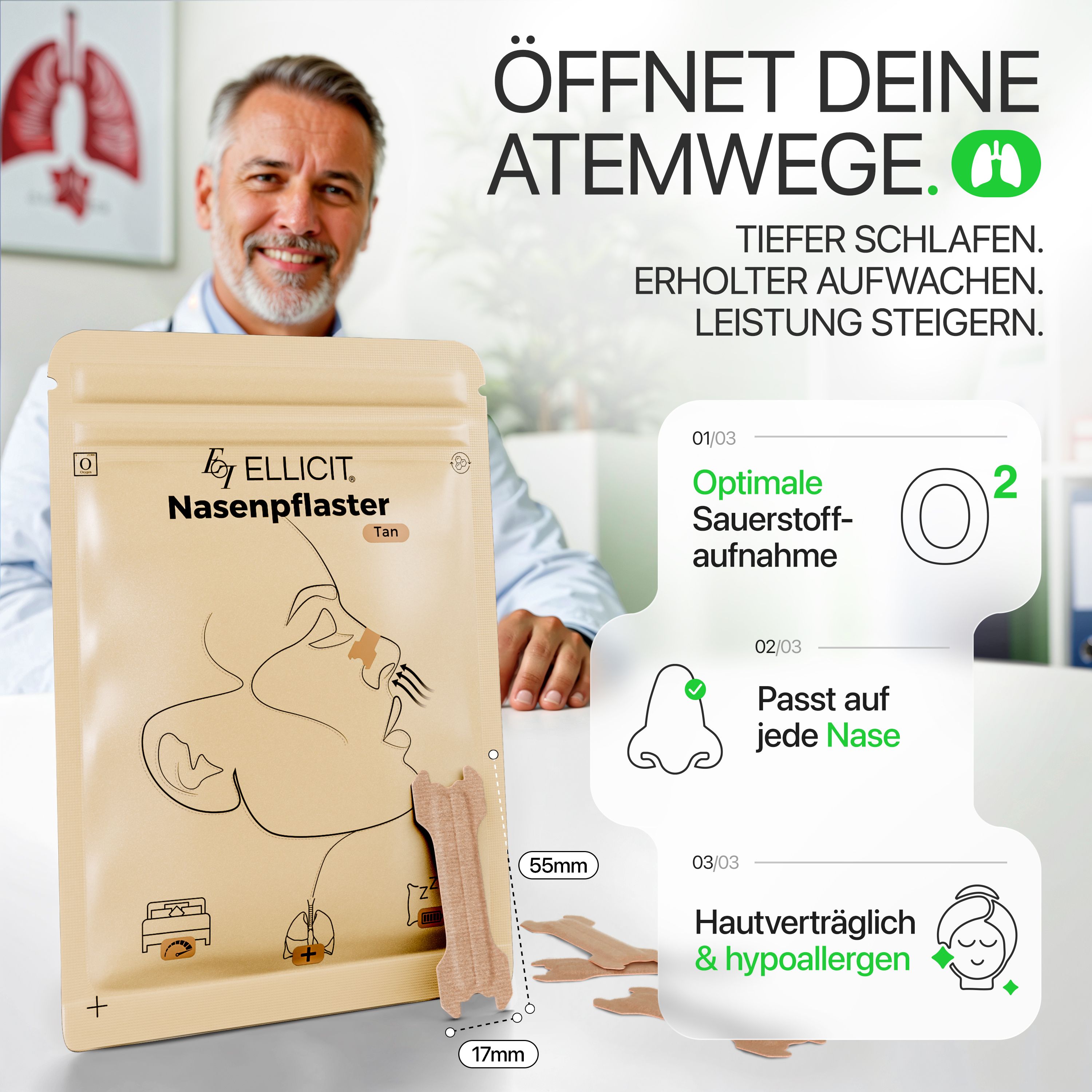 Verpackung und Nasenpflaster. Aufdruck: ELLICIT Nasenpflaster. Ein Pflaster daneben. Mann im Hintergrund.