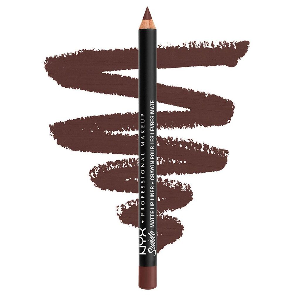 NYX Suede Matte Lip Liner in Cold Brew. Dunkelbrauner Lipliner mit einem Swatch.