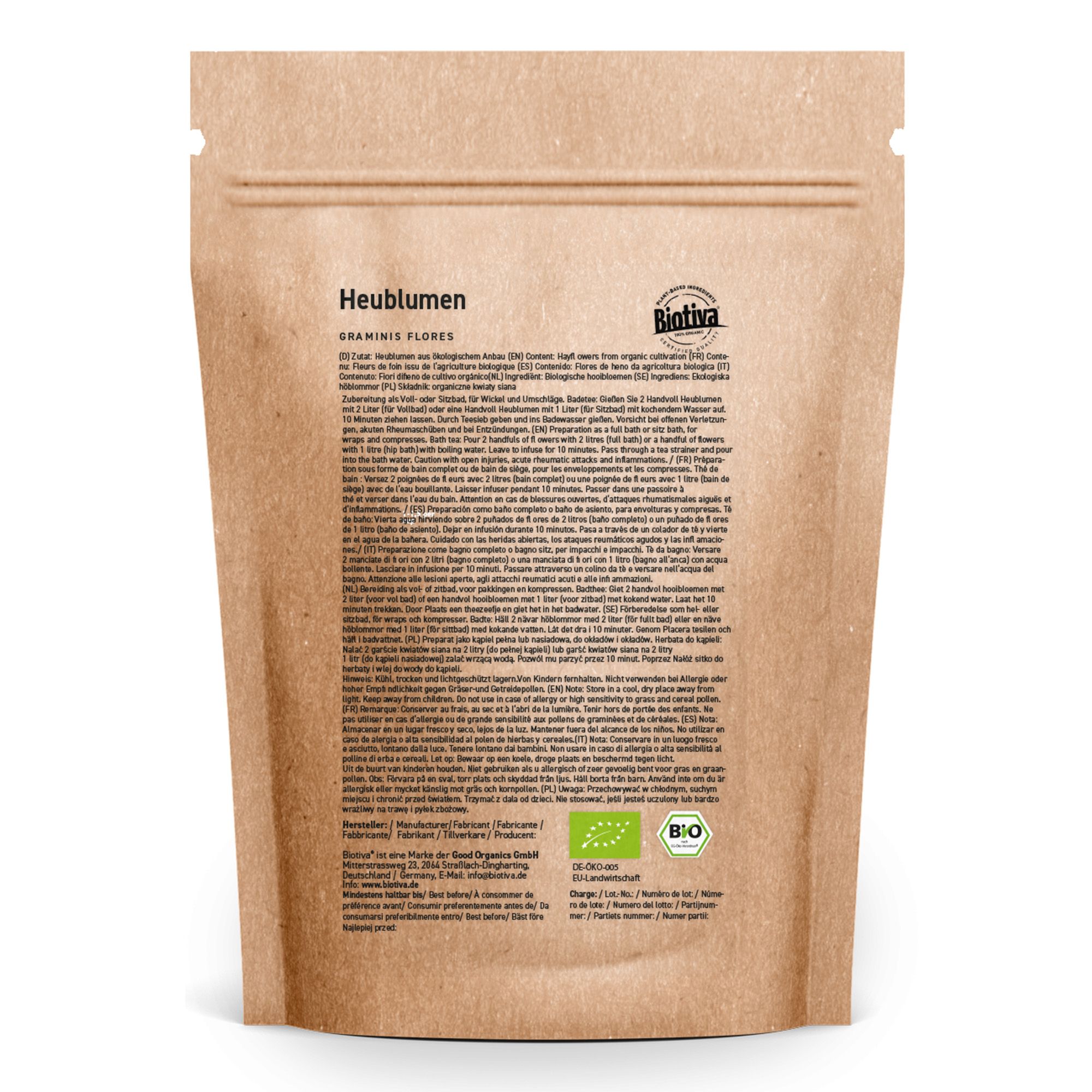 Rückseite des Heublumen-Beutels. Text in mehreren Sprachen. Bio-Siegel. Marke Biotiva. Inhaltsangaben und Zertifizierungen.