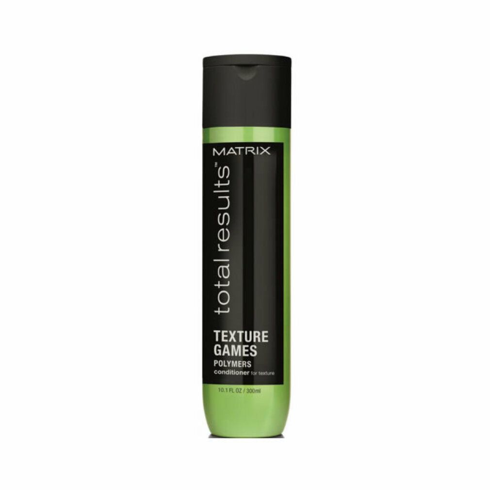 Grüne Flasche mit schwarzem Deckel. Aufschrift: Matrix Total Results Texture Games Conditioner.