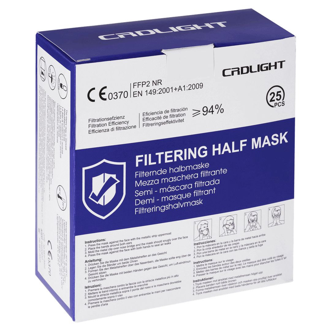 Blauer Karton mit FFP2-Masken. Aufgedruckt: CRD LIGHT, CE 0370, EN 149:2001+A1:2009, Filterleistung ≥94%, 25 Stück. Text in mehreren Sprachen.