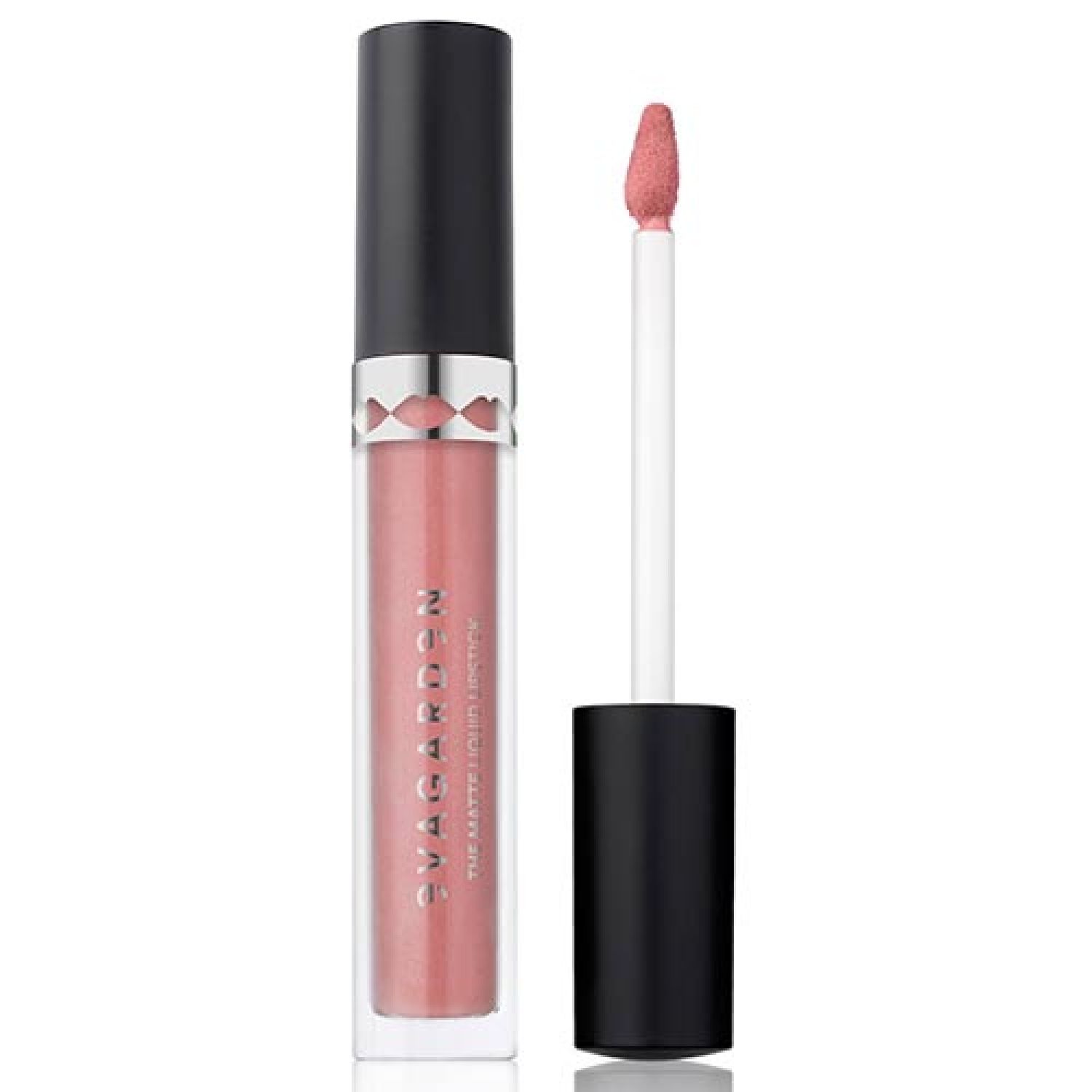 Flüssiger Lippenstift in transparenter Flasche mit schwarzem Deckel und Applikator. Rosa Farbton. Aufschrift.