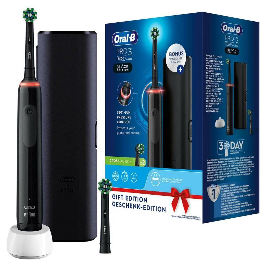 Elektrische Zahnbürste, schwarz, mit Reiseetui, Ladestation und zwei Bürstenköpfen. Verpackung mit Produktabbildung.