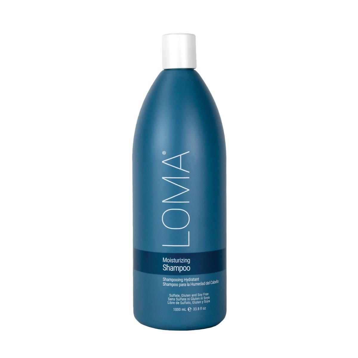 Blaue Flasche LOMA Moisturizing Shampoo. Weißer Deckel. Text: 'Moisturizing Shampoo', 'Shampooing Hydratant'.