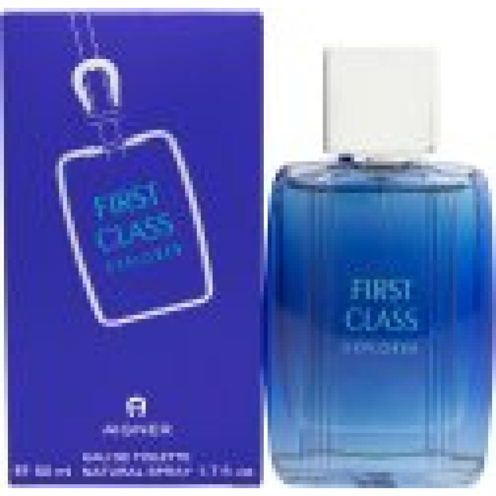 Aigner First Class Explorer Eau de Toilette Flakon und blaue Verpackung, mit Etikett.