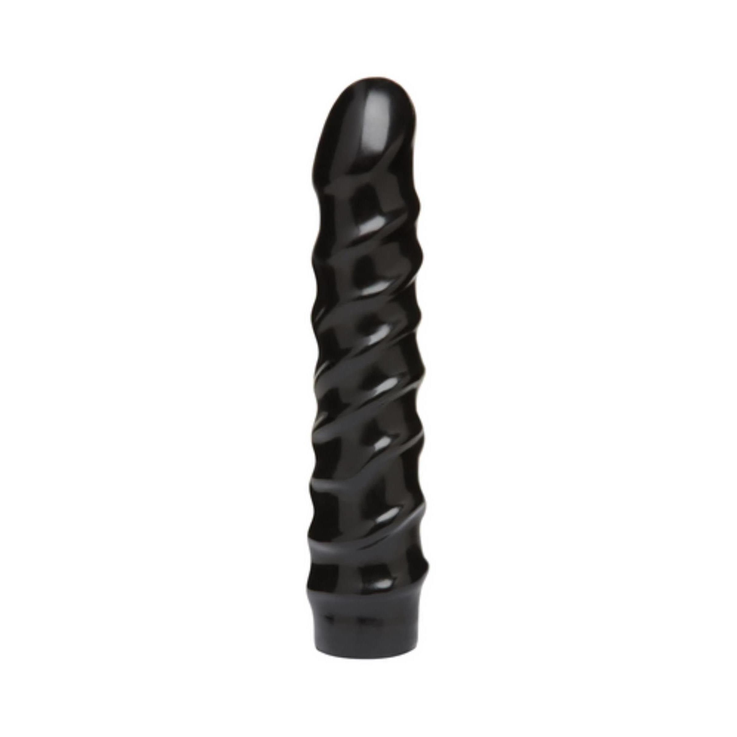 Schwarzer Dildo mit spiralförmiger Struktur. Basis für Befestigung. Glänzende Oberfläche.