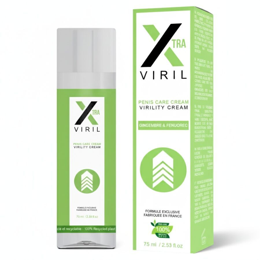 Creme-Flakon und Schachtel. Aufschrift: XTRA VIRIL, Penis Care Cream. Grün-weißes Design. 100% recyceltes Plastik.