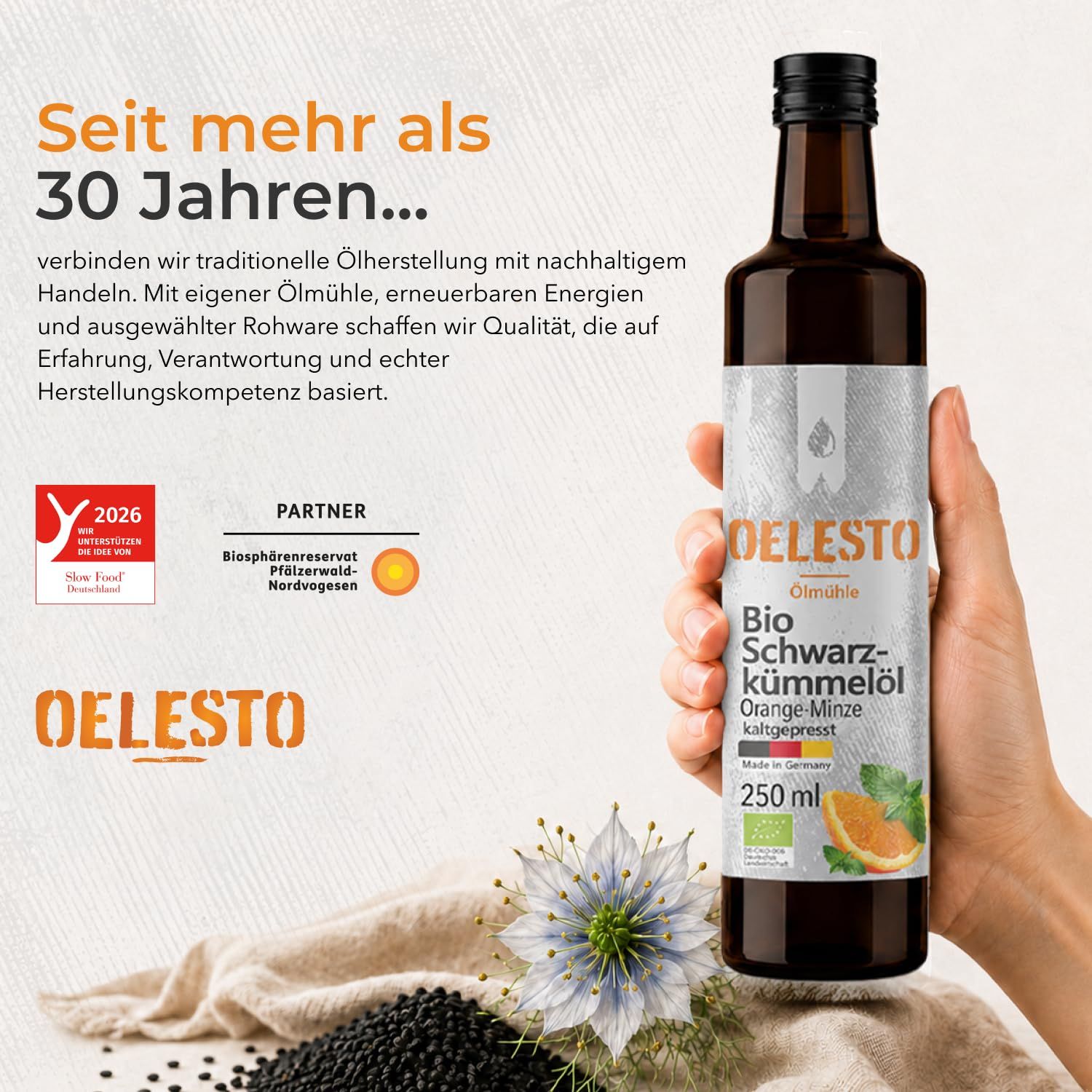 OELESTO Bio-Schwarzkümmelöl Orange-Minze ungefiltert kaltgepresst aus ägyptischer Saat