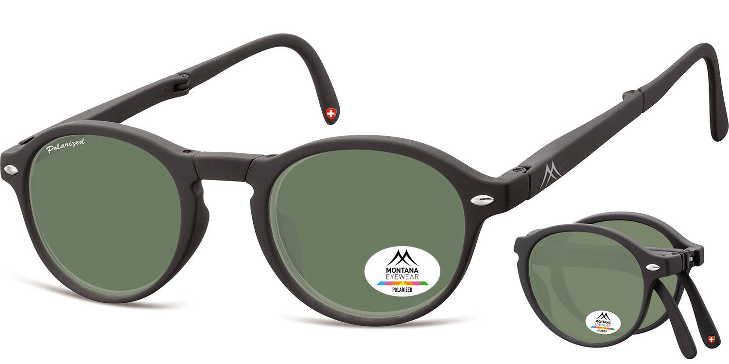 Schwarze, runde Sonnenbrille mit grünen Gläsern. Logo und Schweizer Kreuz auf dem Bügel. Faltbares Design.