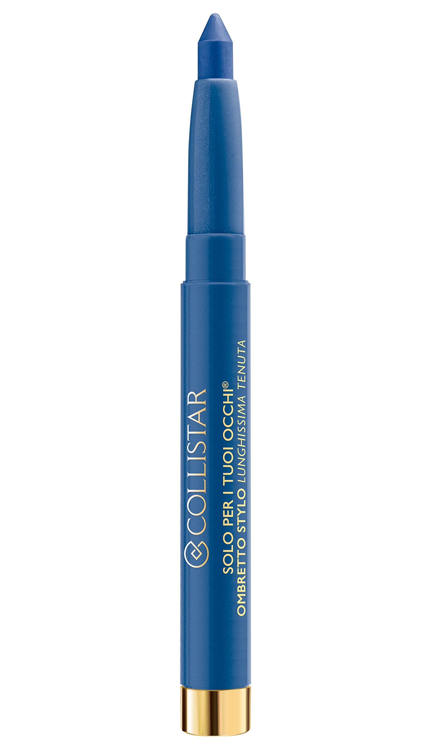 Blauer Lidschattenstift von Collistar. Stift mit goldfarbenem Boden. Aufschrift: SOLO PER I TUOI OCCHI® OMBRETTO STYLO LUNGHISSIMA TENUTA.