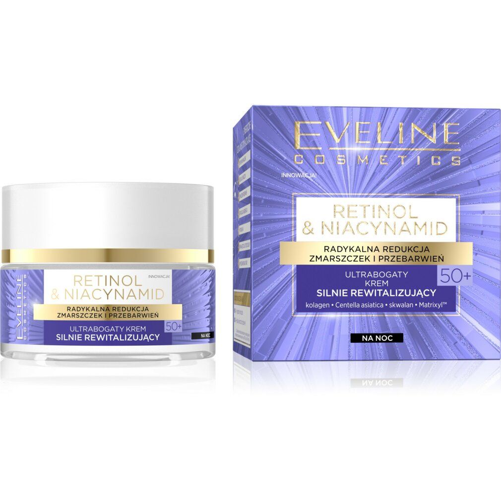 Creme-Tiegel und Schachtel. Aufschrift: Retinol & Niacinamid, 50+. Marke: Eveline Cosmetics. Für die Nacht.