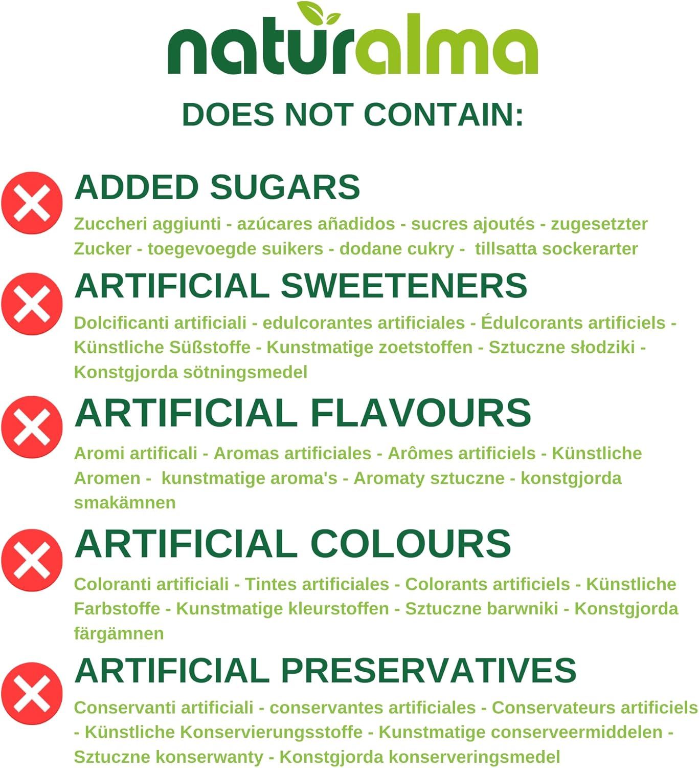 Logo von Naturalma. Text: Enthält nicht: Zucker, künstliche Süßstoffe, Aromen, Farbstoffe, Konservierungsmittel. Rote Kreuze.