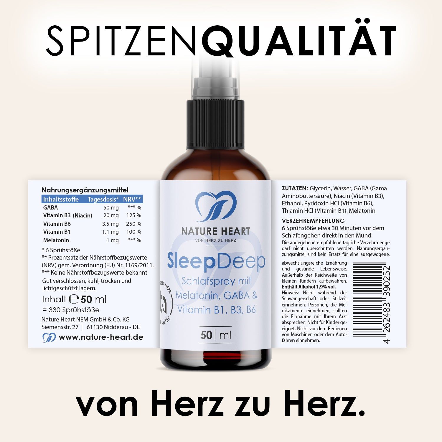 Flasche "SleepDeep" mit Etikett und Zutatenliste. Text: "Spitzenqualität" und "von Herz zu Herz".