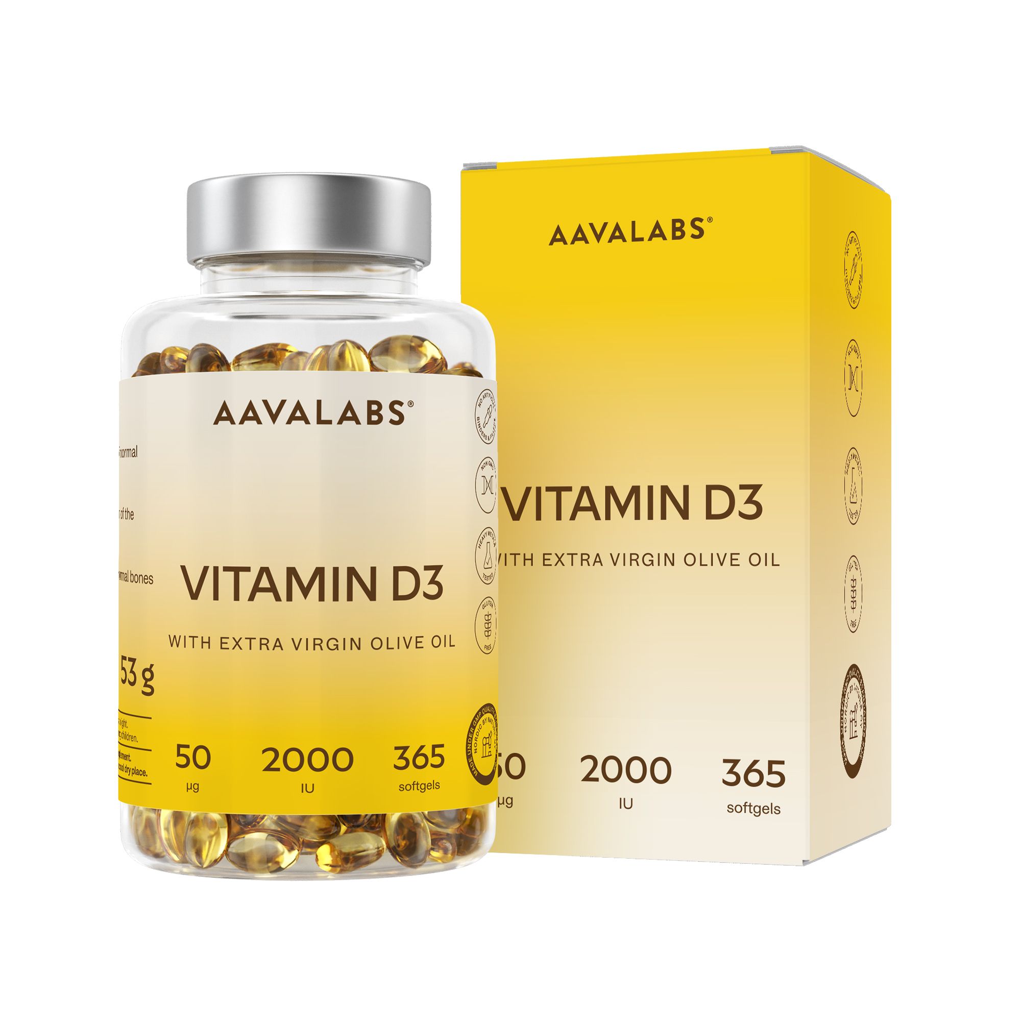 Vitamin D3 Flasche und Schachtel. Aufschrift: AAVALABS, Vitamin D3, 2000 IE, 365 Softgels. Gelbes Design.