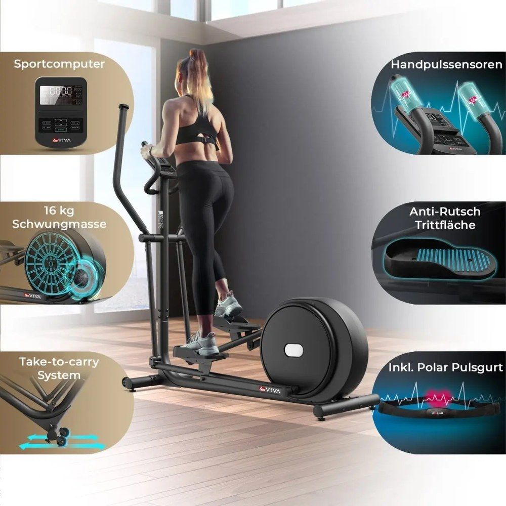 Crosstrainer mit Sportcomputer, Handpulssensoren, Anti-Rutsch-Trittfläche und 16kg Schwungmasse.