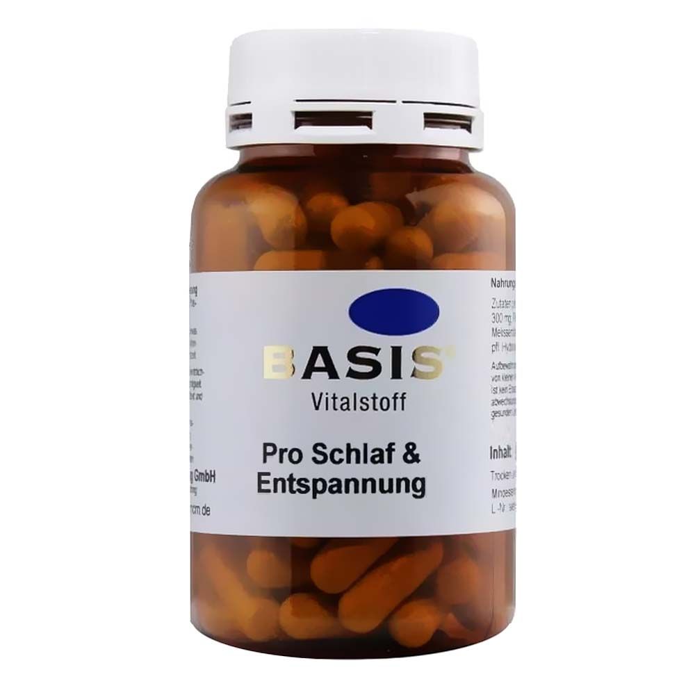 Braune Kapseln in einer braunen Kunststoffflasche mit weißem Deckel. Aufschrift: BASIS Vitalstoff Pro Schlaf & Entspannung.