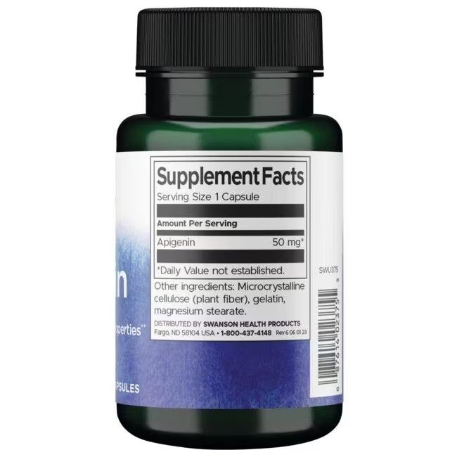 Rückseite der grünen Flasche. Aufschrift: Supplement Facts. Enthält Apigenin 50 mg. Weitere Inhaltsstoffe.