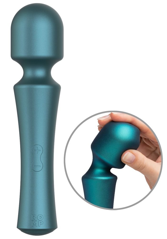 Blaugrüner Vibrator mit abgerundetem Kopf und Griff. Plus- und Minus-Symbole. Inset: Hand hält den Kopf.