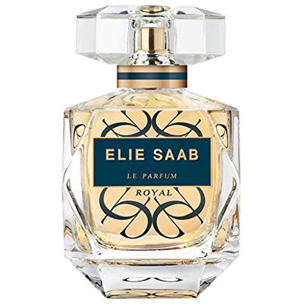 Parfümflakon mit blauem Etikett. Aufschrift: ELIE SAAB LE PARFUM ROYAL. Transparenter Deckel.