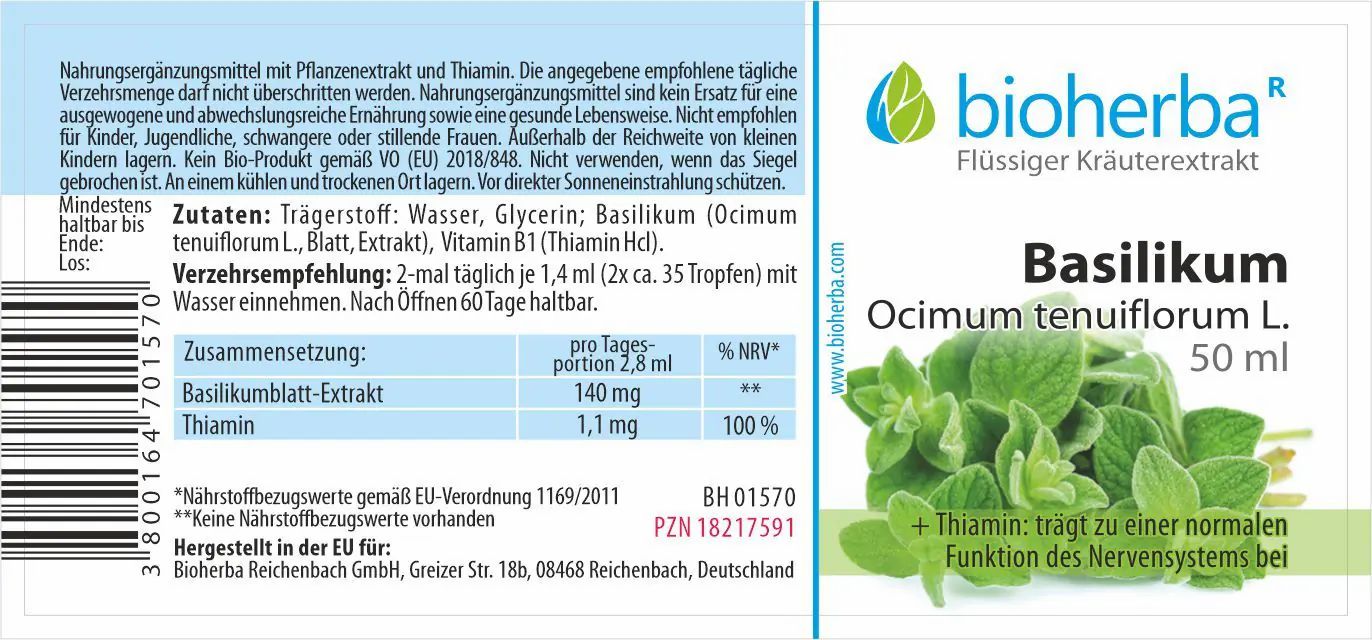 Etikett mit Produktinformationen, Inhaltsstoffen und Markenlogo. Enthält Basilikum-Illustration.