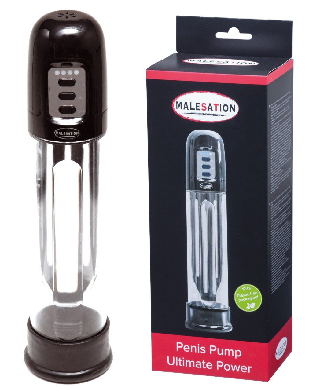 Elektrische Penis Pumpe mit schwarzem Griff und transparentem Zylinder. Vier LEDs zeigen die Stufe an. Verpackung mit Produktabbildung und Text.