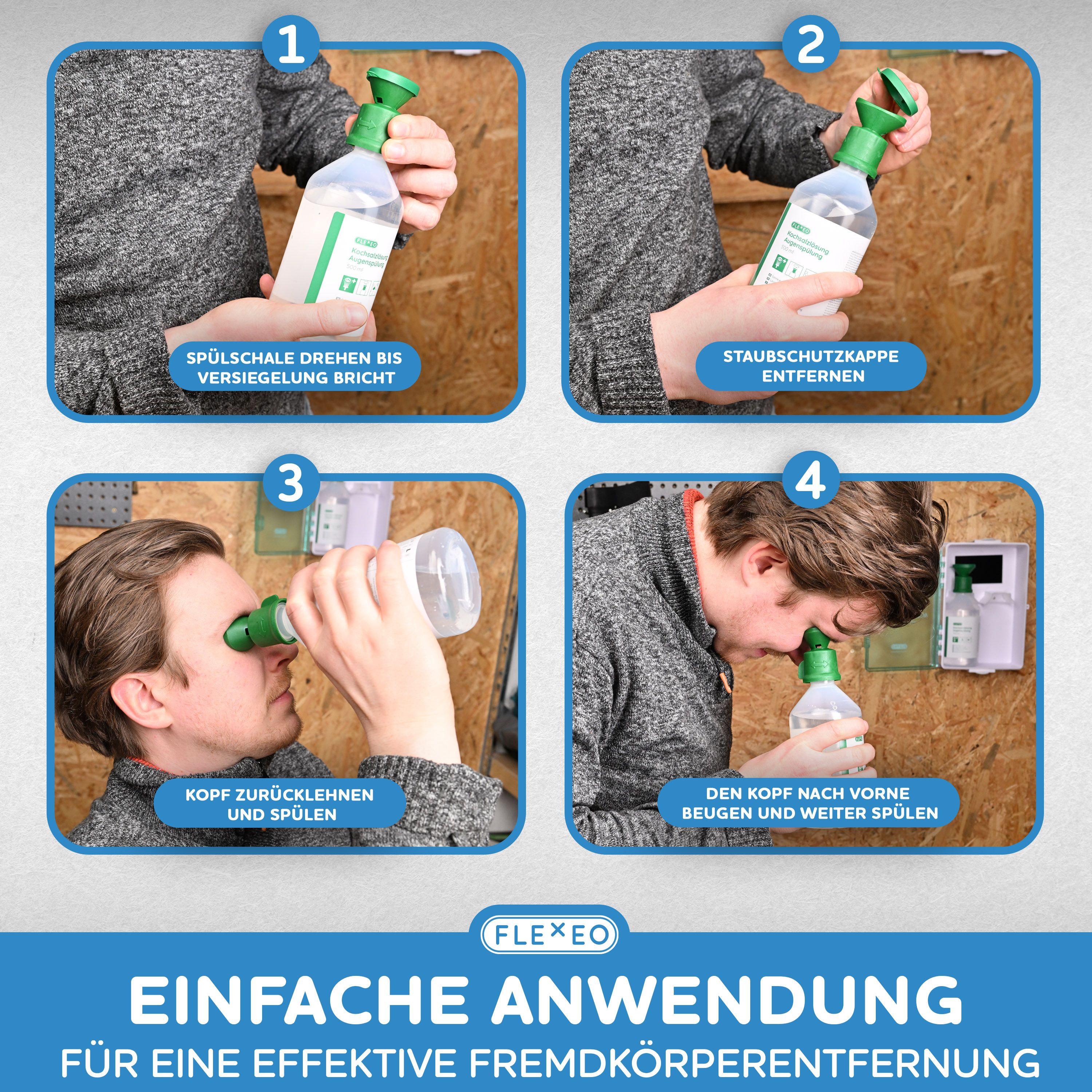 Vier Schritte zur Anwendung der FLEXEO Augenspülflasche. Flasche mit grünem Aufsatz. Anleitung zur Anwendung.