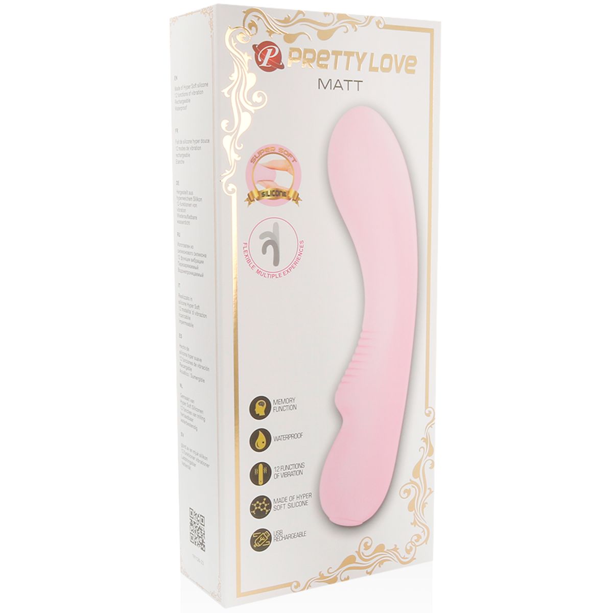 Verpackung mit rosa Vibrator. Text: PRETTY LOVE, MATT. Abbildungen von Funktionen und Zertifizierungen.