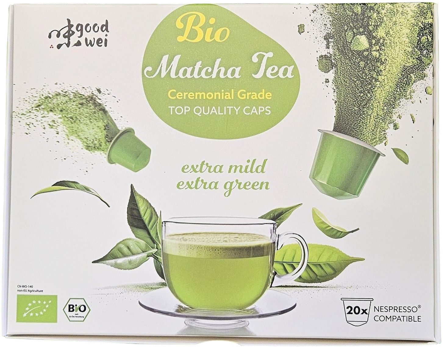 Verpackung mit Matcha-Tee-Kapseln. Aufschrift: Bio Matcha Tea, Ceremonial Grade, extra mild, extra green. 20 Kapseln, Nespresso kompatibel.