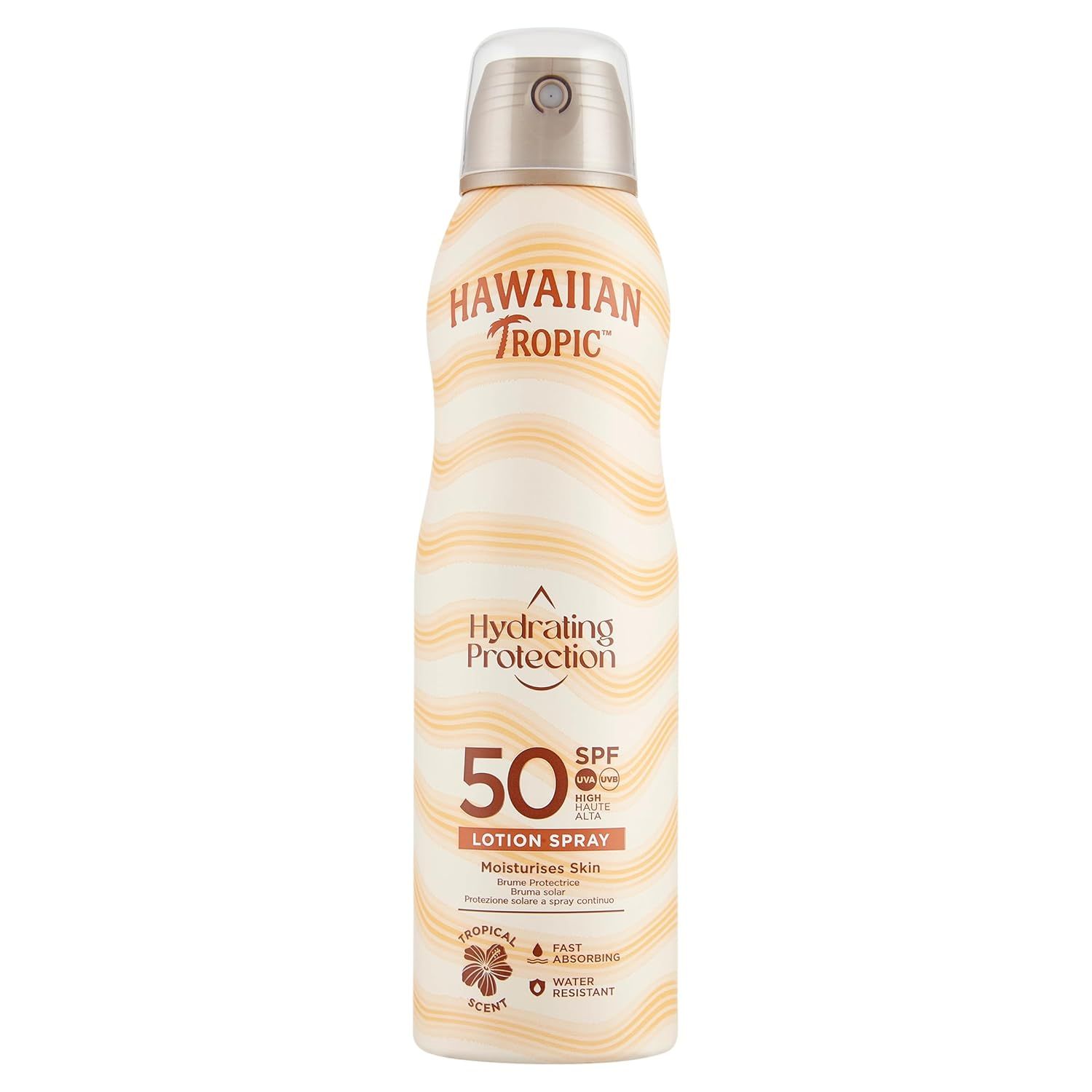 Sonnenschutz-Lotion-Spray. Weiß-beiges Design mit wellenförmigen Streifen. Text: Hawaiian Tropic, Hydrating Protection, LSF 50, Lotion Spray.