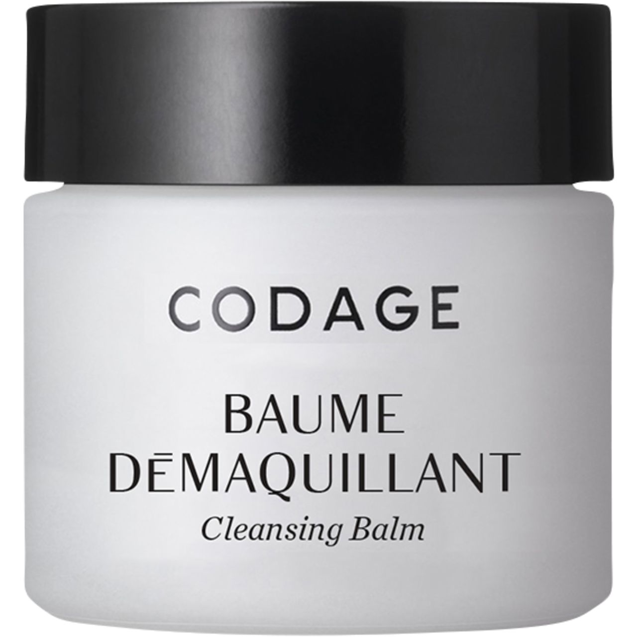 Weißes Tiegel mit schwarzem Deckel. Schriftzug: CODAGE, BAUME DÉMAQUILLANT, Cleansing Balm.