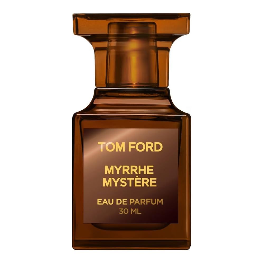 Braune Glasflasche mit goldfarbenem Verschluss. Aufschrift: Tom Ford Myrrhe Mystère Eau de Parfum 30 ml.