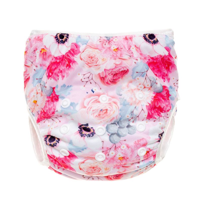 Schwimmwindel mit floralem Muster. Rosa, weiße und blaue Blüten auf weißem Grund. Druckknöpfe an den Seiten. Weißer Rand.
