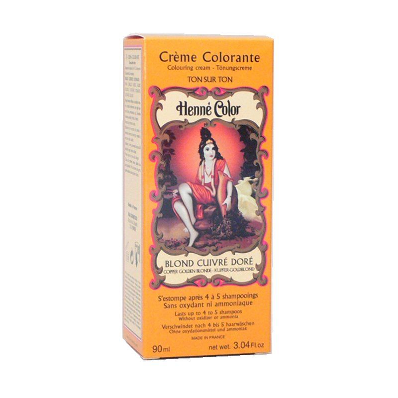 Haarfarbencreme in Kartonverpackung. Aufdruck: Henné Color, Blond Cuivre Doré. Enthält keine Oxidationsmittel.