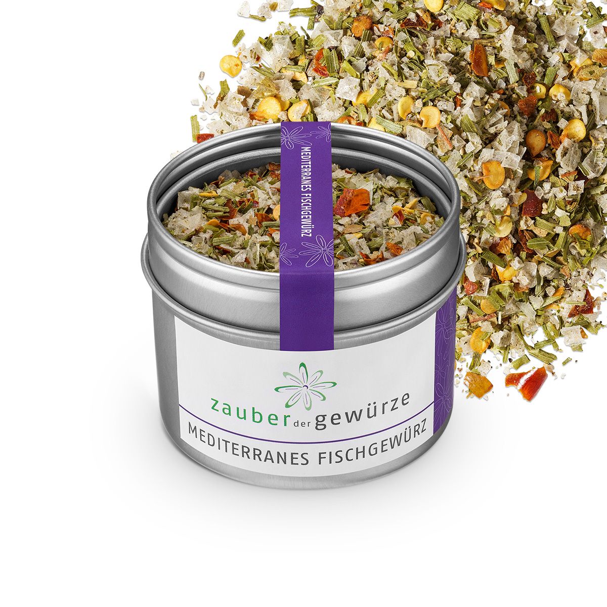 Geöffnete Dose Fischgewürz mit Ausstreuung. Aufkleber mit Produktname und Logo. Lila Band mit Schriftzug. Gewürzmischung sichtbar.