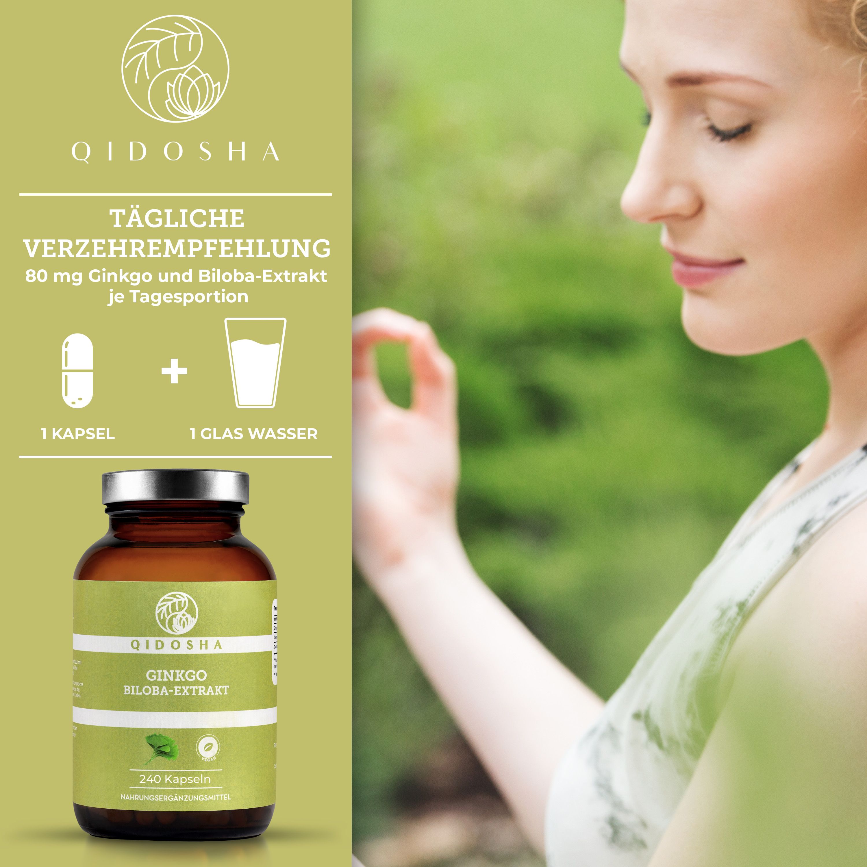 Produktflasche neben einer Frau. Aufschrift: QIDOSHA GINKGO BILOBA-EXTRAKT. Tägliche Verzehrempfehlung: 1 Kapsel mit 1 Glas Wasser.