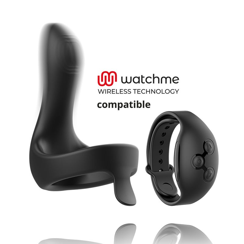 Schwarzes, ringförmiges Produkt mit Kugelstruktur und Armband mit Knöpfen. Marke: watchme, Wireless Technology.