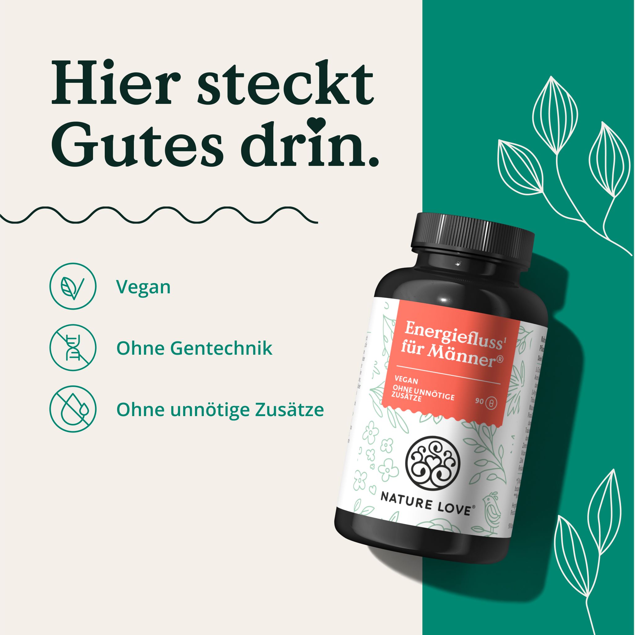 Braune Flasche mit rotem Etikett. Aufschrift: Energiefluss für Männer. Marke: NATURE LOVE®. Vegan, ohne Gentechnik, ohne Zusätze.