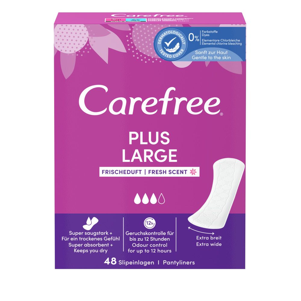 Carefree Plus Large Slipeinlagen mit Frischeduft. Rosa Verpackung mit Produktabbildung und Text. 48 Slipeinlagen.