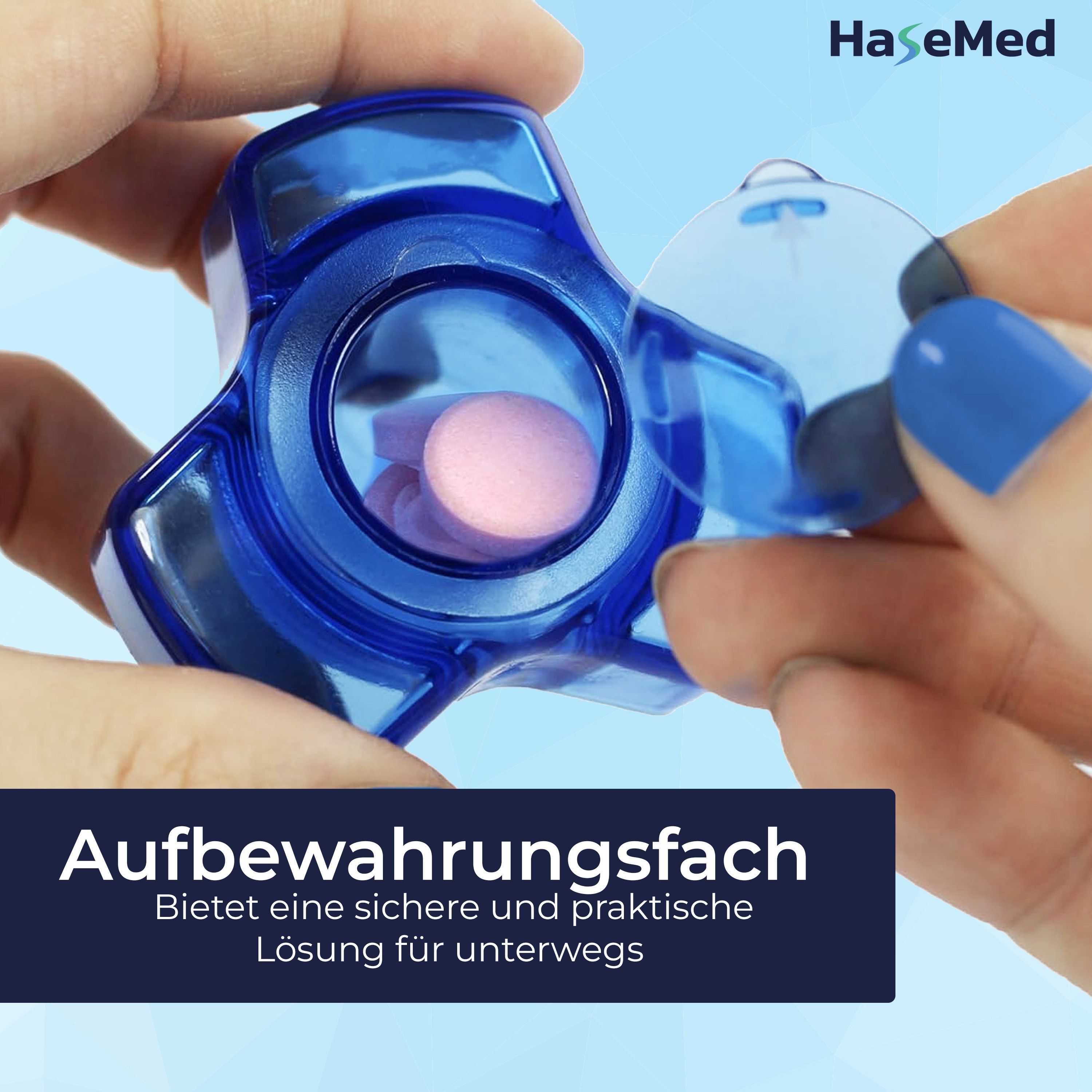 HaseMed Tablettenmörser, blau-transparent, mit Tabletten. Aufbewahrungsfach: sichere und praktische Lösung für unterwegs.